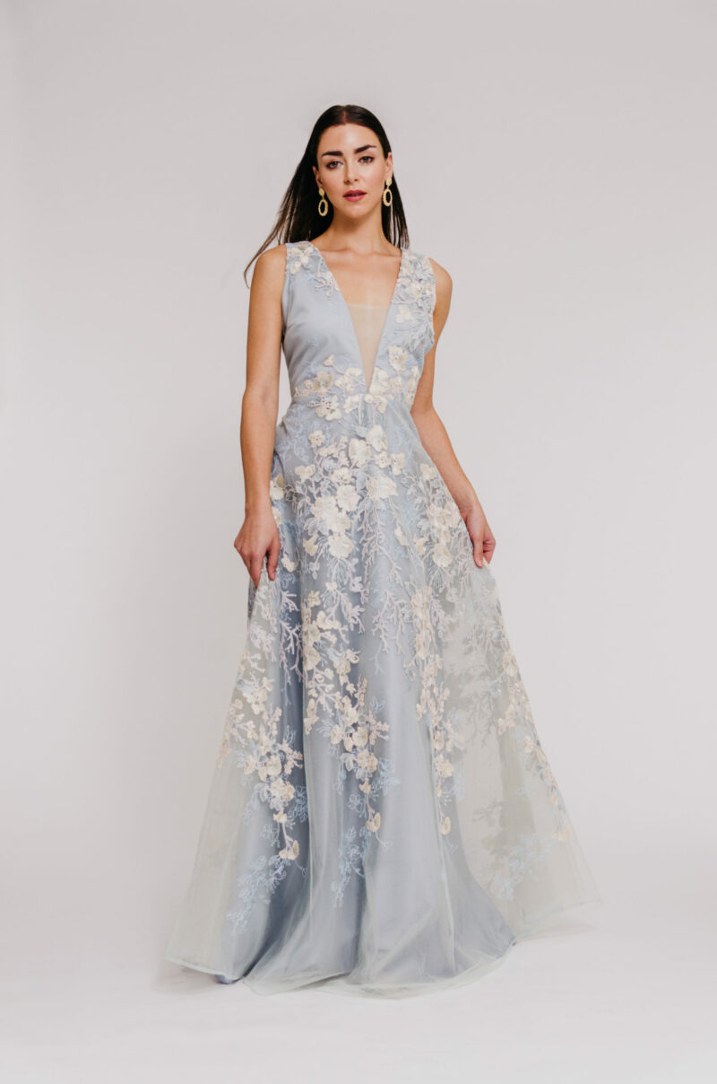 “Tulle v neck flower gown” “full skirt tulle mother of the bride dress”