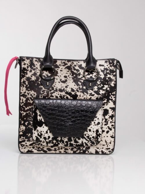 “Designer leather bag” “black and white cow hide bag”