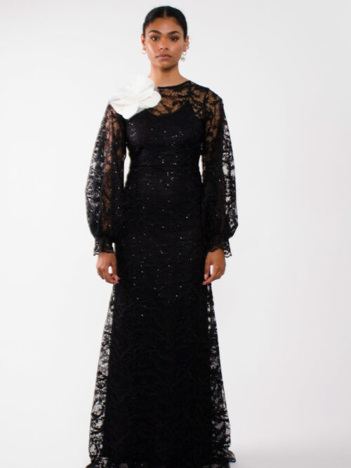 “Evening lace gown””long puff sleeve gown”