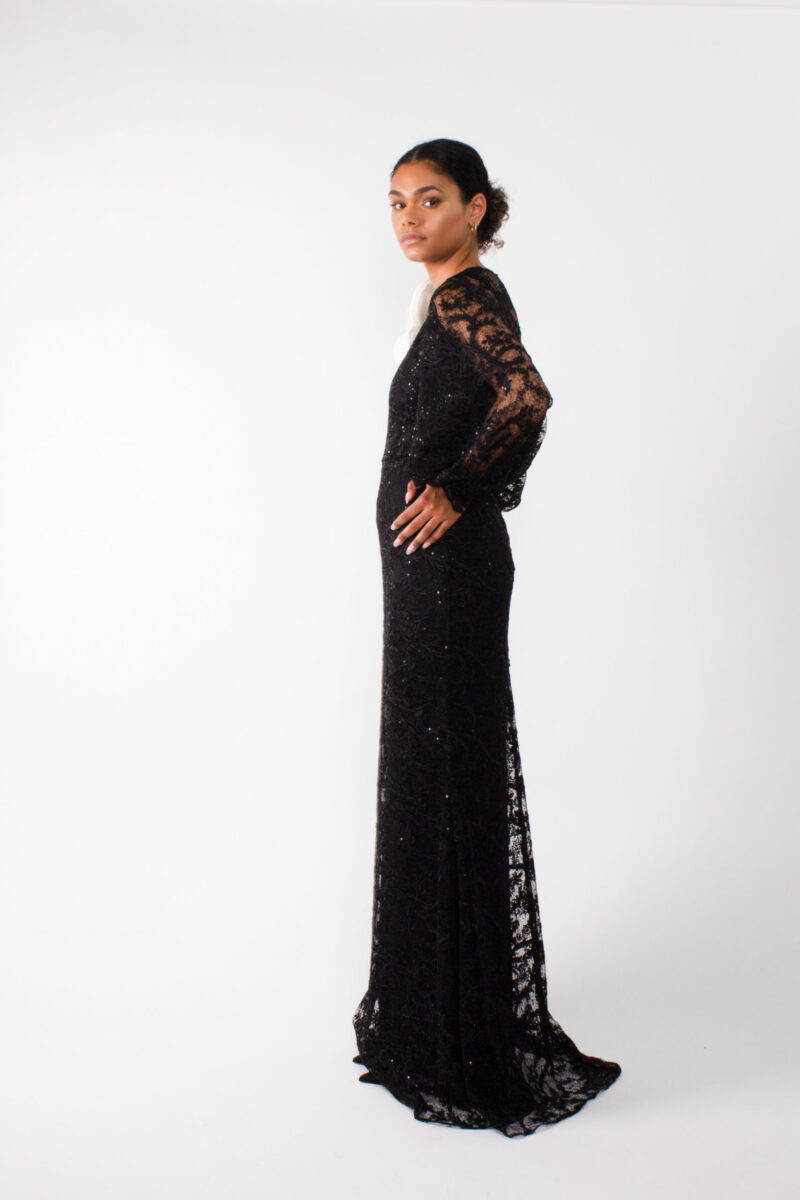 “Evening designer lace gown”