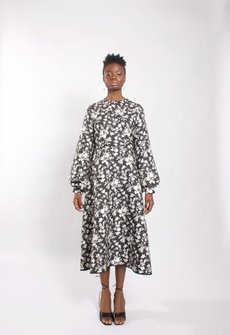 Brocade puff sleeve dress “midi length brocade dress”