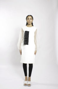 Cocktail black and white dress with long silk organza puff sleeve