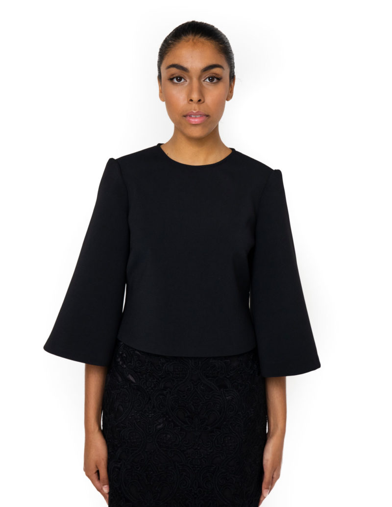 “Crop top”flared sleeve high neck “ double crepe top”