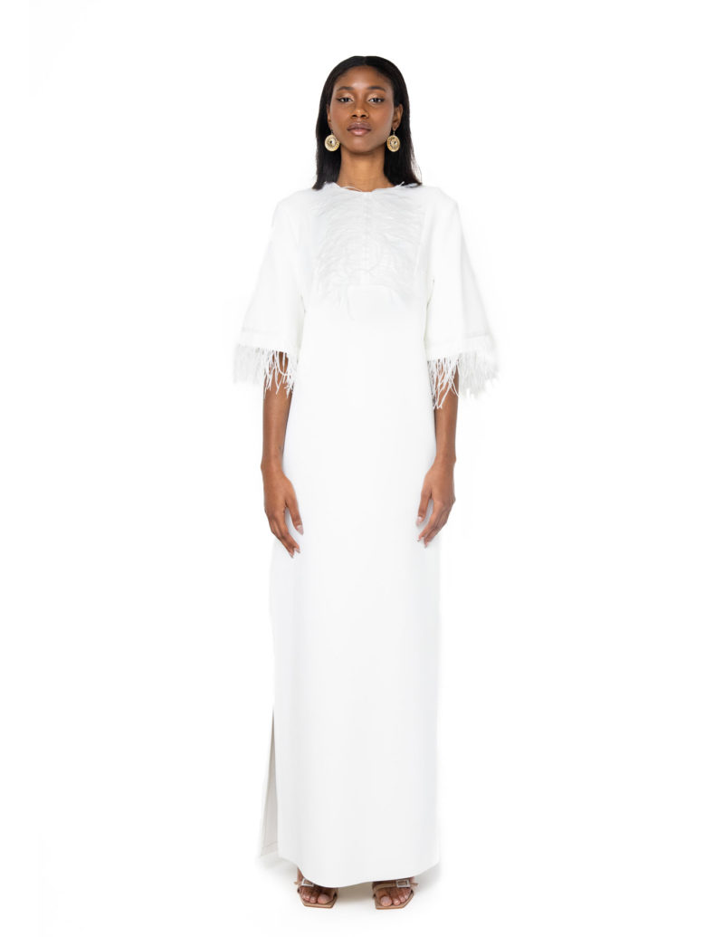 White feather detail gown