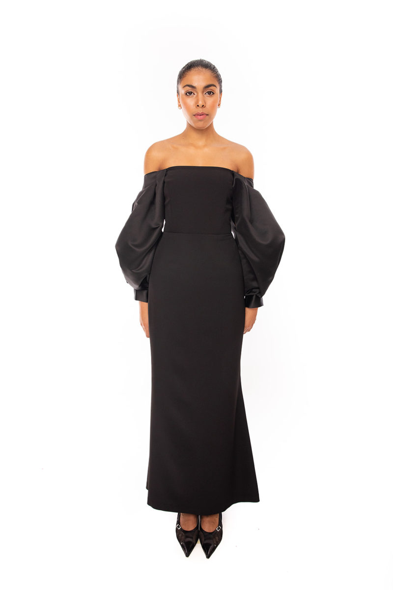Strapless bustier dress with detailed puff sleeves