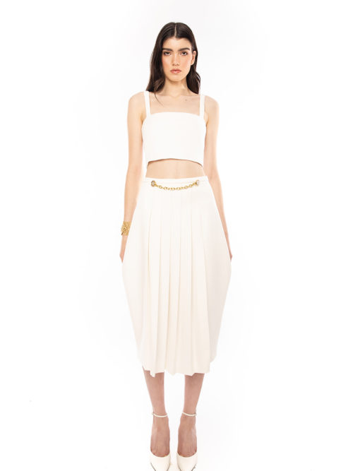crepe skirt with pleated detail and gold chain