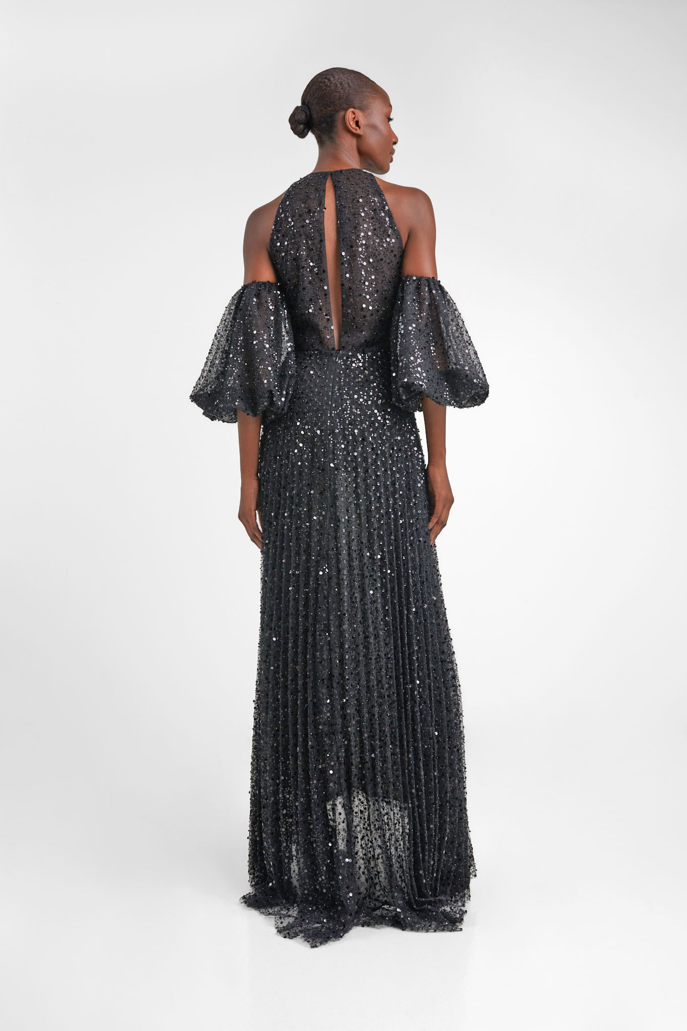 Embellished Pleated Gown with Puff Sleeves | Designer Clothing