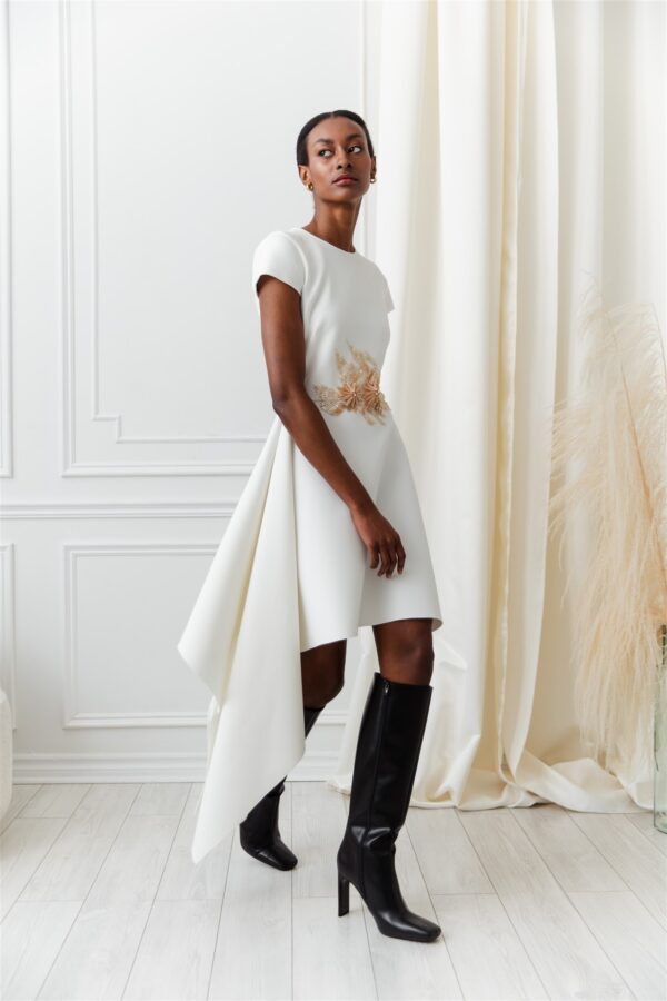 Off white Asymmetric Dress with Cap Sleeves and Embroidery Detail