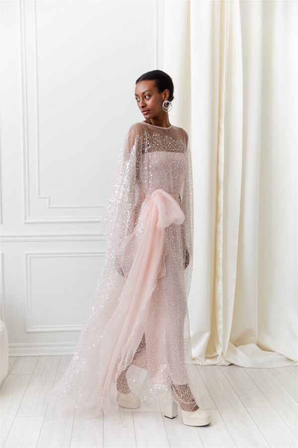Rose Gown with Sequinned Cape and Belt