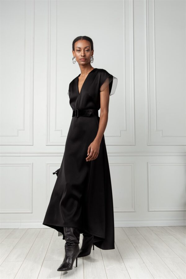 Black V-neck Asymmetric Midi Dress