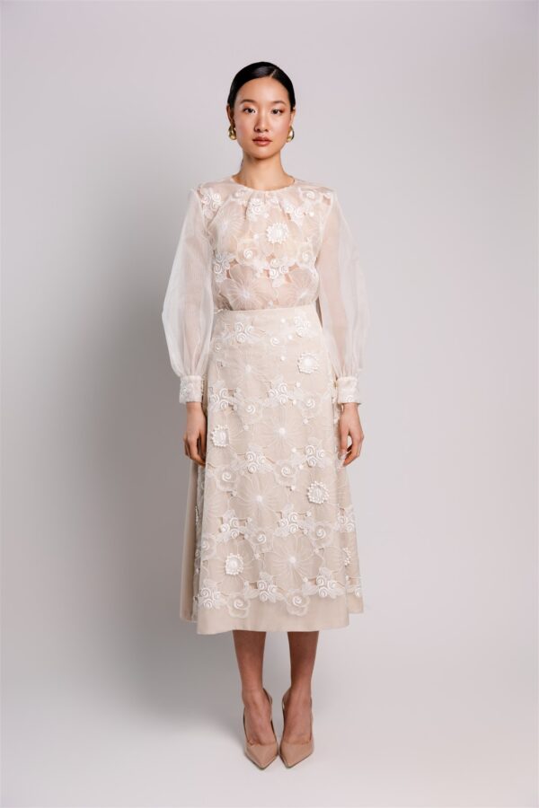 A line beige skirt with white embroidery organza