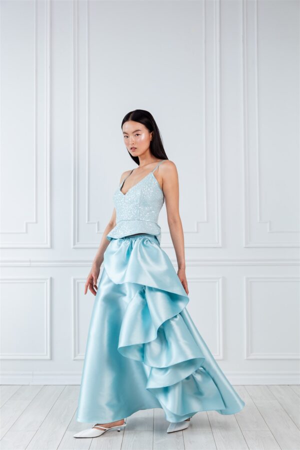 Ice Blue Ruffled Long A-line Skirt