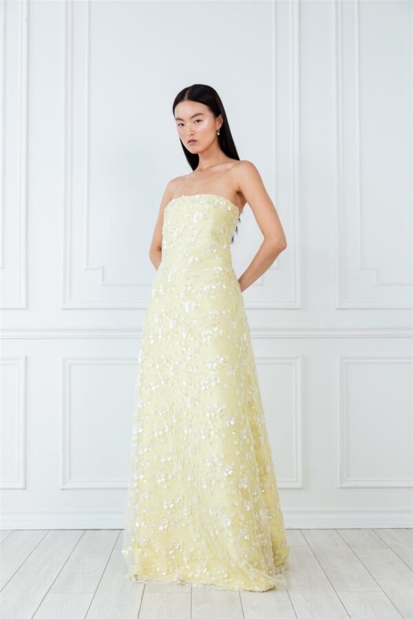 Light Yellow Strapless Gown with floral appliques