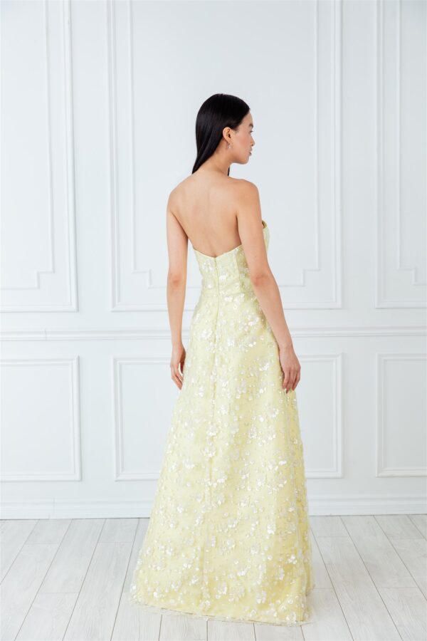 Light Yellow Strapless Gown with floral appliques - Image 2