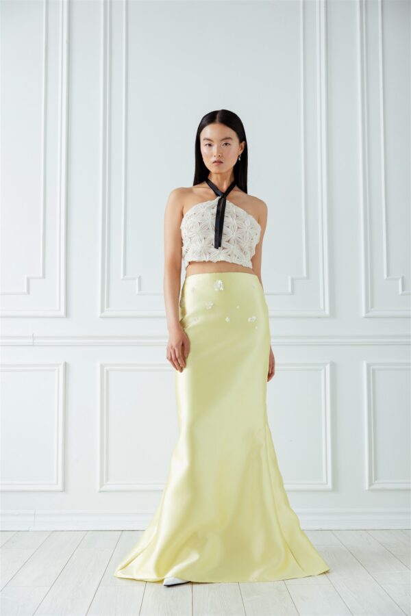 Light Yellow Mermaid Gown Skirt with Floral Appliques - Image 3