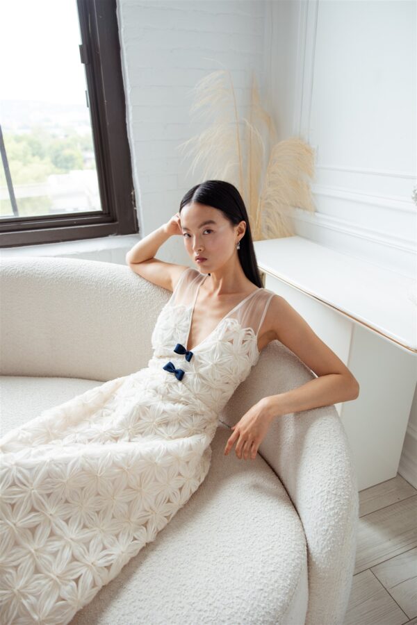 Ivory Floral A-line Dress wtih a deep v-neckline - Image 3
