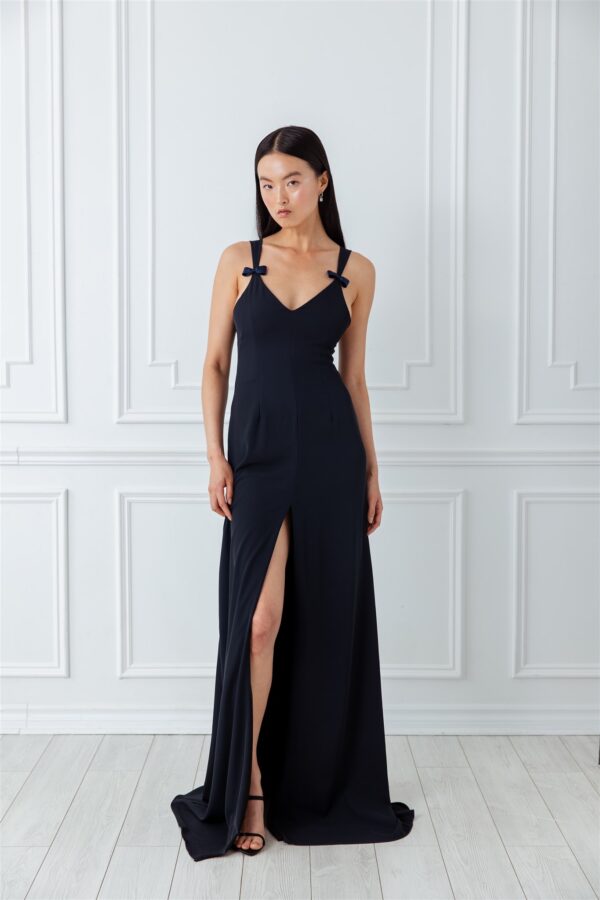 Navy Blue V-neck Slit Gown with bow applique /