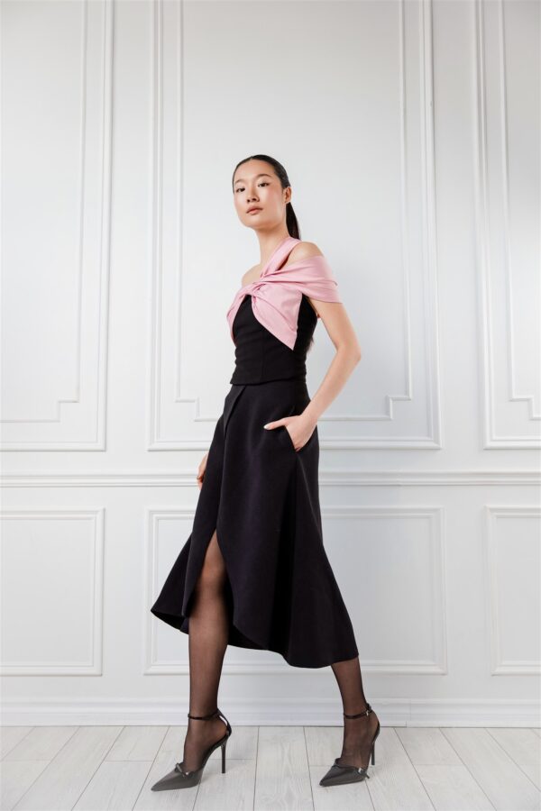 Black Crepe Midi Skirt Open Detail - Image 2