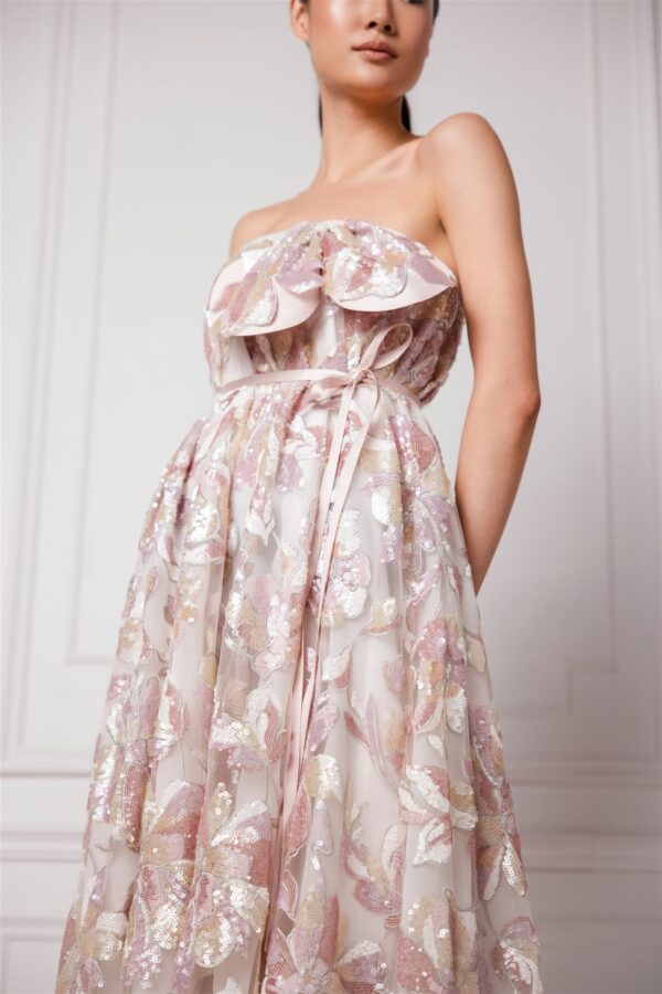 Sequinned Pink Floral Print Strapless Gown - Image 2