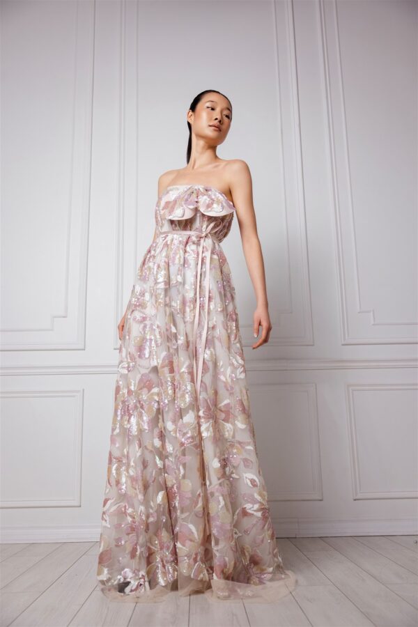 Sequinned Pink Floral Print Strapless Gown