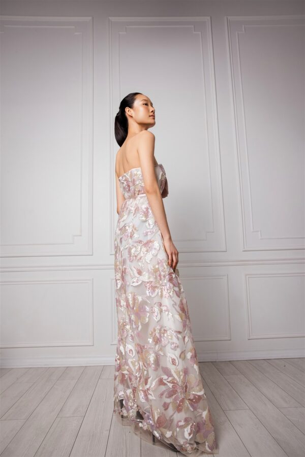 Sequinned Pink Floral Print Strapless Gown - Image 3