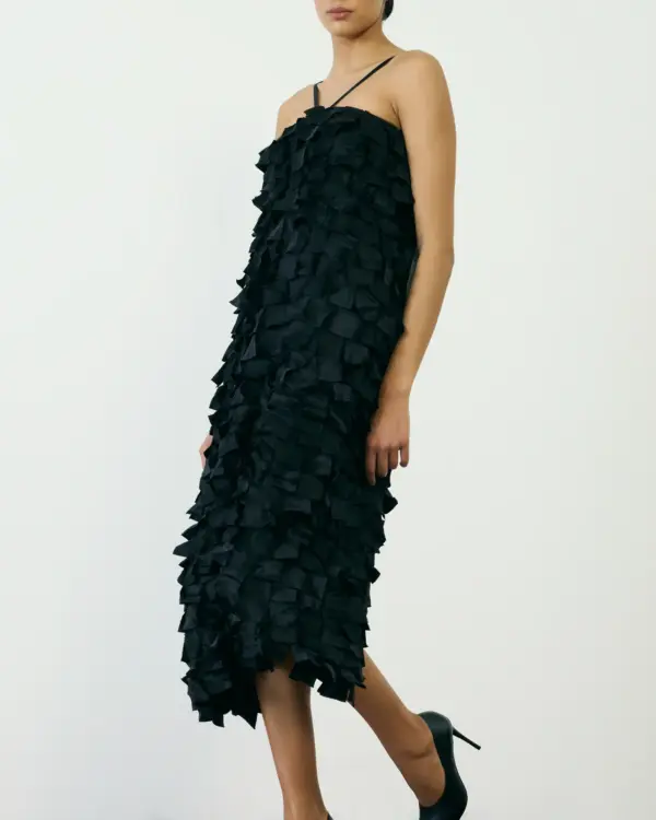 Black textured ruffle midi dress with open back