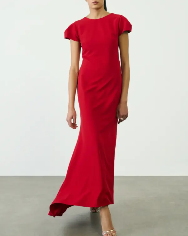 Cap Sleeve V Back Gown Red