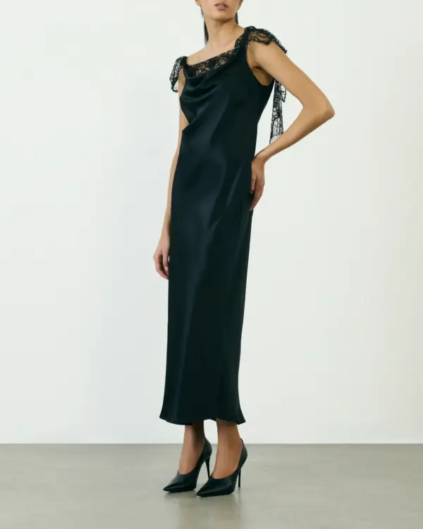 Black Satin Slip Dress With Lace Trim