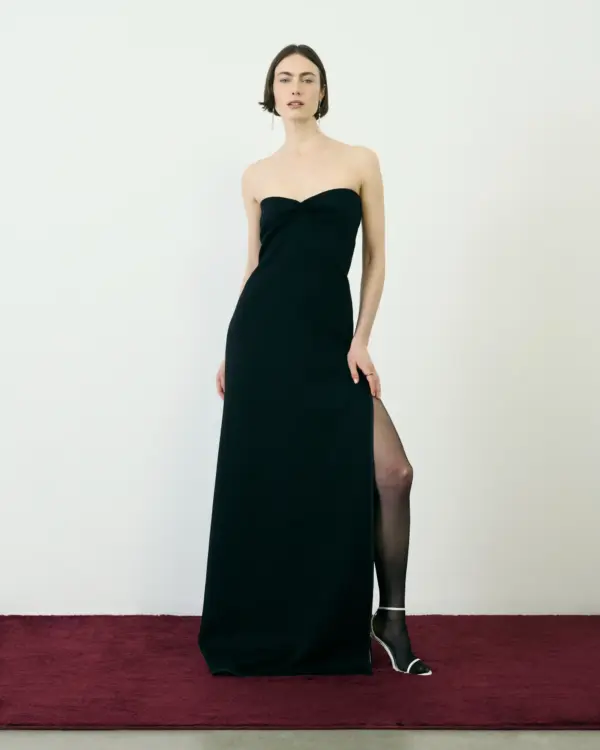 Black Strapless Column Gown With High Slit