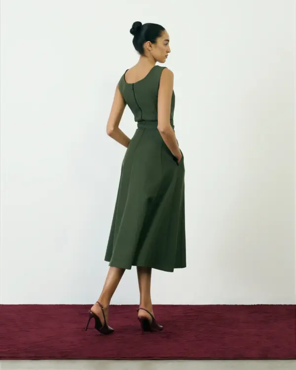 Semi A-Line Skirt High Waisted With Belt Forest Green