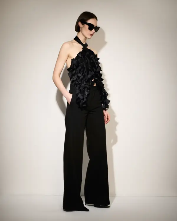 Black Halter Ruffle Satin Silk Top