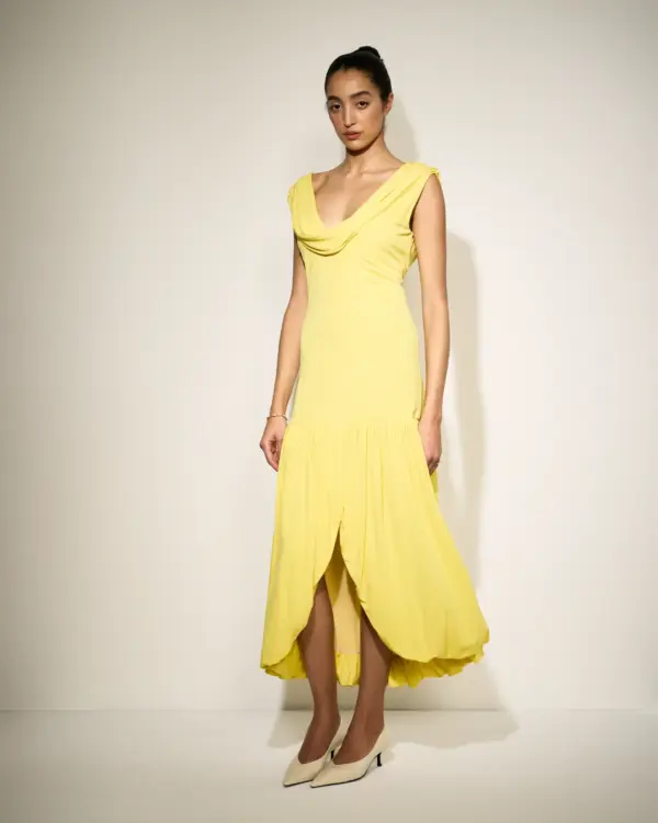 Yellow Draped Midi Dress With Bubble Hem