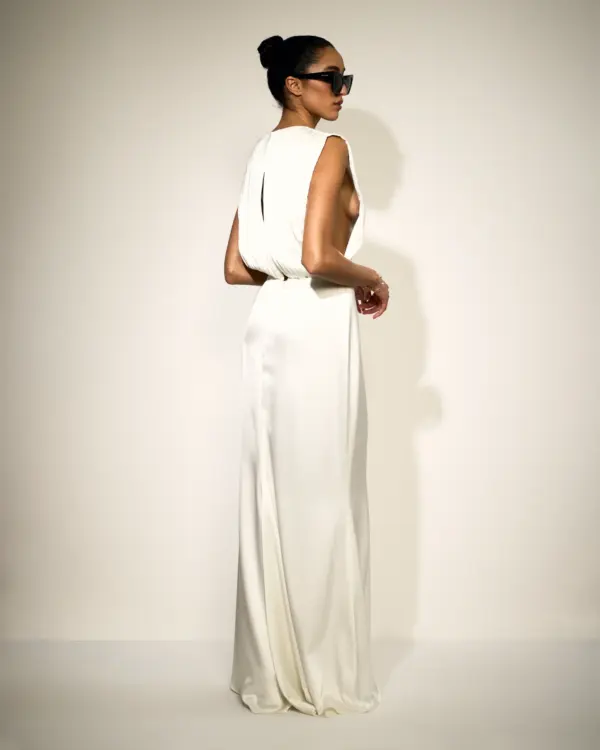 Aaliyah Blouson Satin  Gown With Pleated Back Detail
