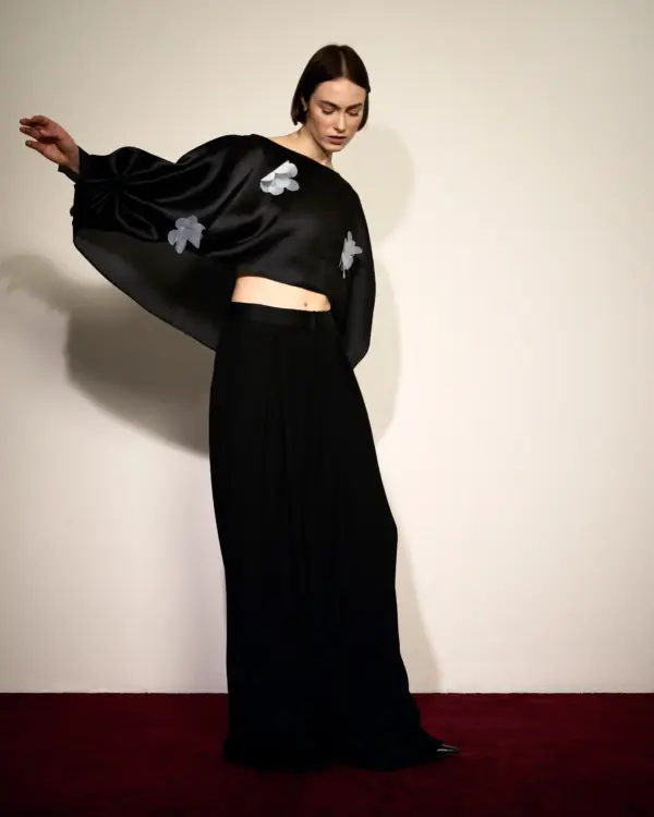 Black Silk Organza Cropped Top (Shawl) Floral Applique